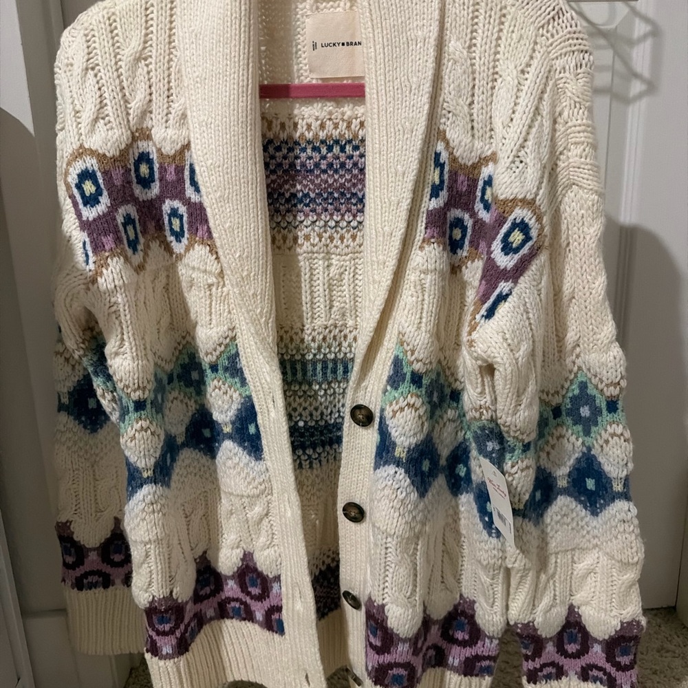 Lucky Brand Women's Cream Cardigan with Multicolor Patterns